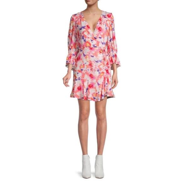 Betsey Johnson Sunset Floral Faux Wrap Dress Pink Yarrow Sz 2 Ruffle V-Neck NWOT - Picture 1 of 12
